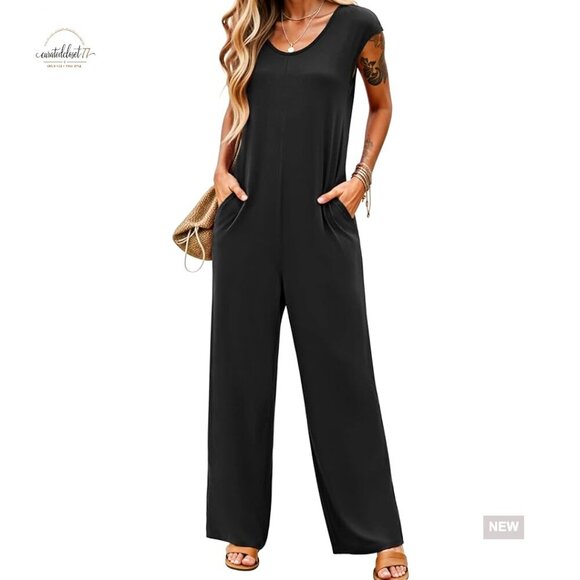 Pants - Large Wide Leg Jumpsuit with Pockets, Cap Sleeve, Polyester Blend